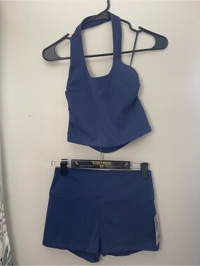 Navy Blue Athletic Crop Tank and High-Waist Shorts Set